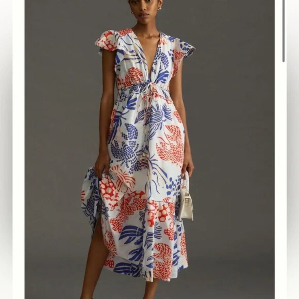 Farm Rio Printed Ruffle-Sleeve V-Neck Dress lobster print Midi Dress